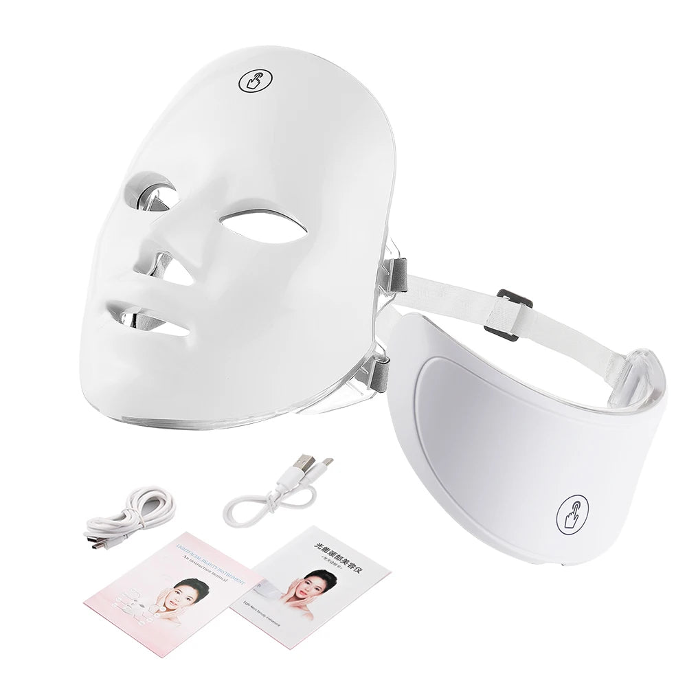 Appareil de beauté pour le visage et le cou, masque facial LED, masque photon pour le cou avec 7 couleurs, masseur de soins de la peau