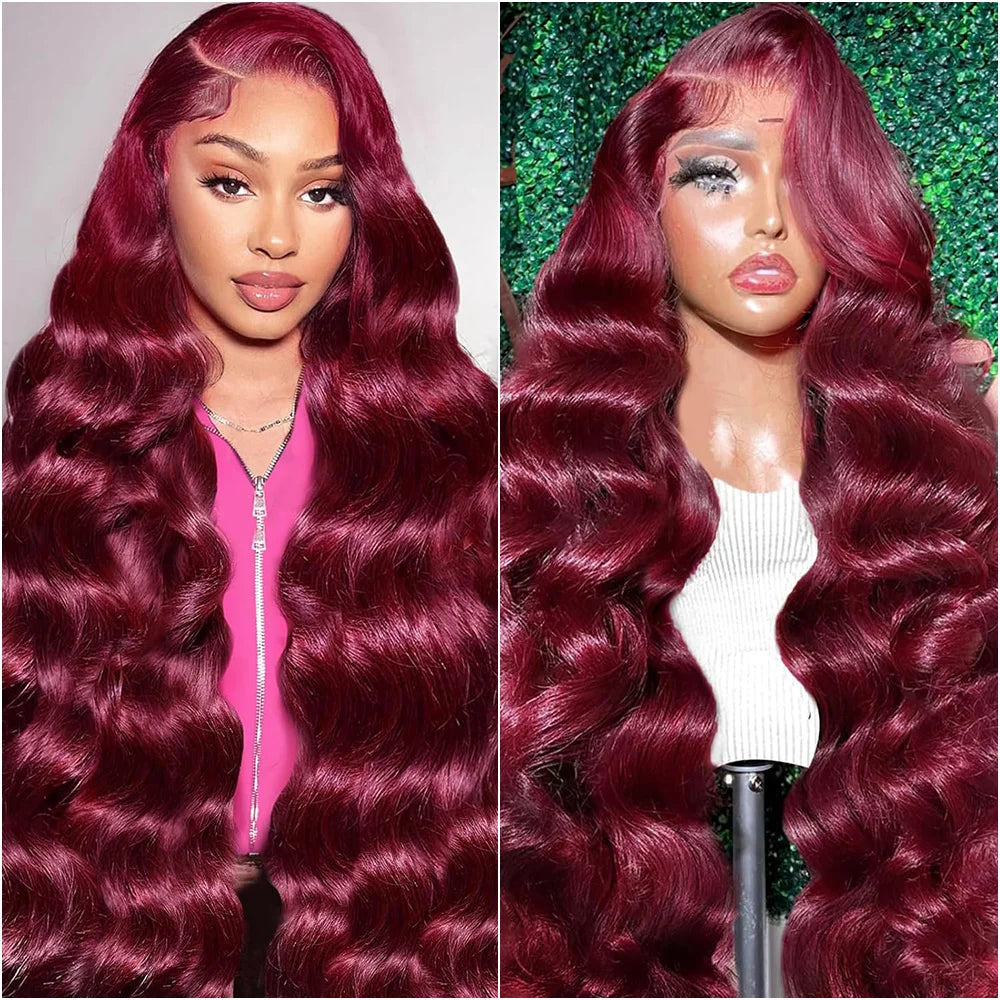 Perruque en cheveux humains 13x6 HD Lace Frontal 220 Densité 99J Bourgogne Ondulée 13x4 Lace Front Brésilienne Pré-Plucked pour femmes noires