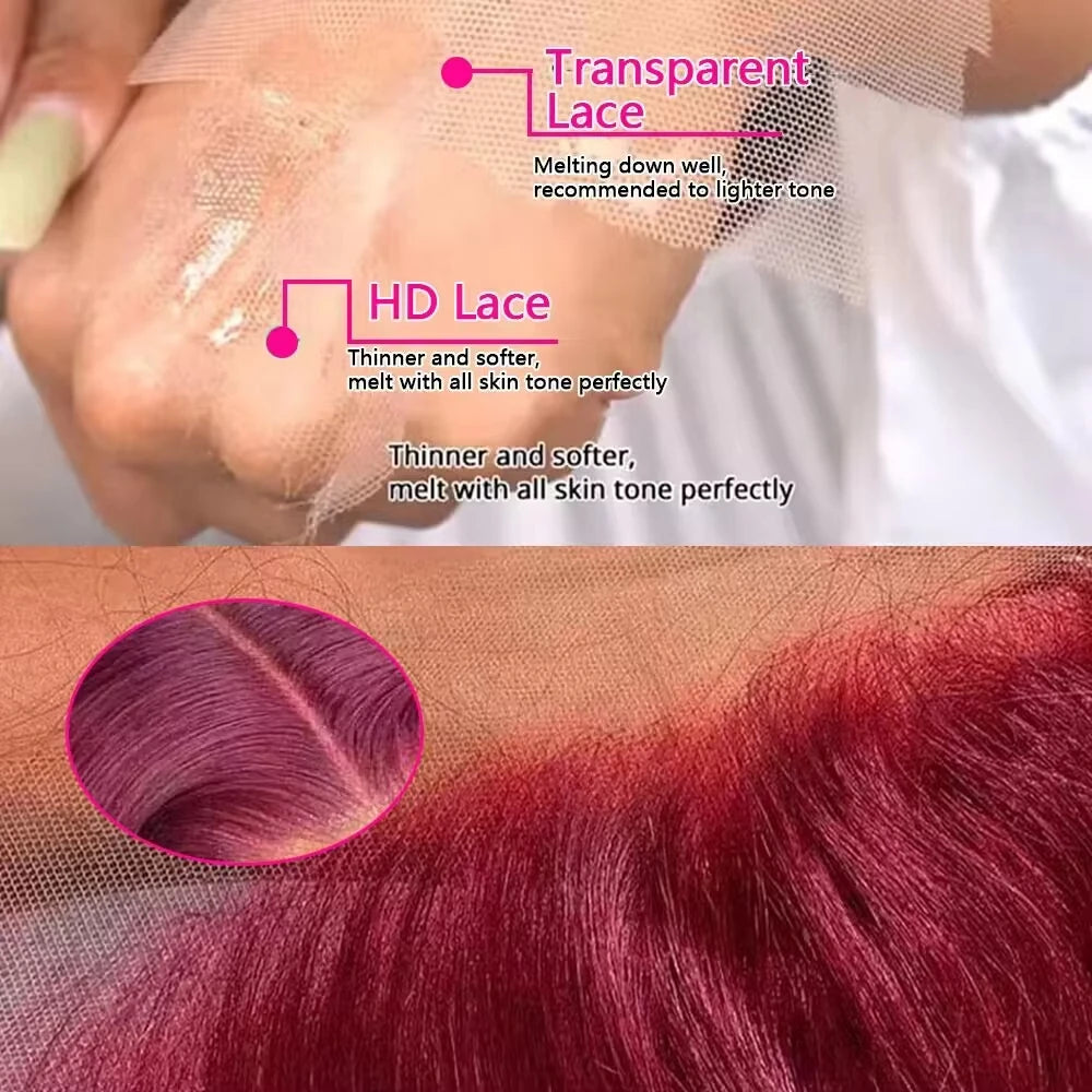 Perruque en cheveux humains 13x6 HD Lace Frontal 220 Densité 99J Bourgogne Ondulée 13x4 Lace Front Brésilienne Pré-Plucked pour femmes noires