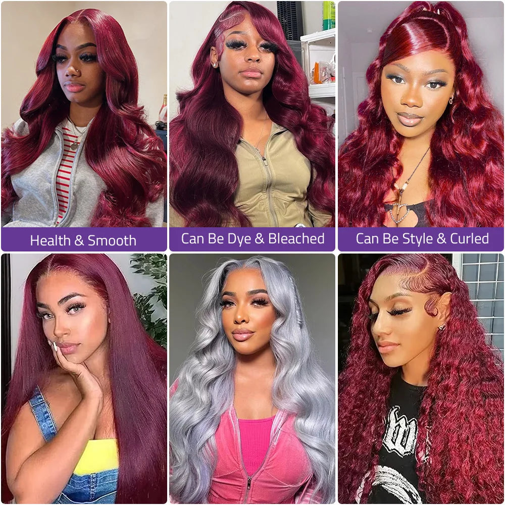Perruque Body Wave Bordeaux 99J – HD Lace Front 100% Cheveux Humains Brésiliens