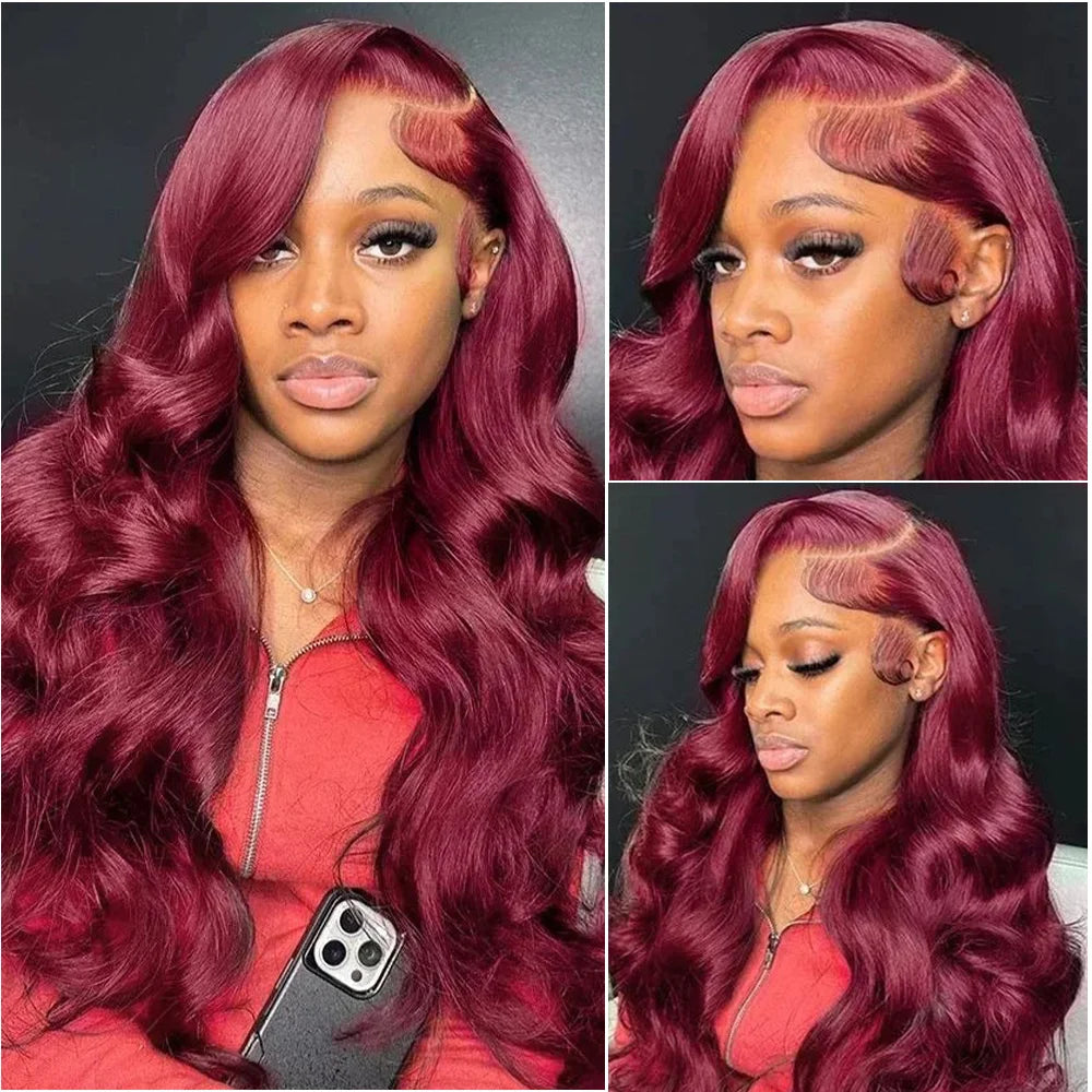 Perruque en cheveux humains 13x6 HD Lace Frontal 220 Densité 99J Bourgogne Ondulée 13x4 Lace Front Brésilienne Pré-Plucked pour femmes noires