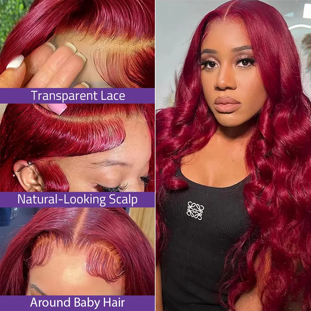 Perruque Body Wave Bordeaux 99J – HD Lace Front 100% Cheveux Humains Brésiliens